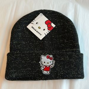 HELLO KITTY BLACK KNIT BEANIE EMBROIDERED PATCH GLITTERY GOLD THREADING …